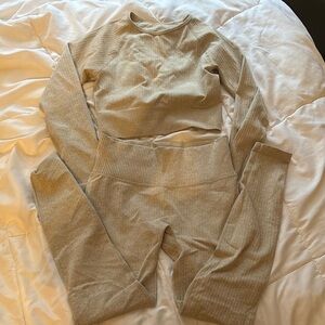 Beige Ribbed Knit workout Set